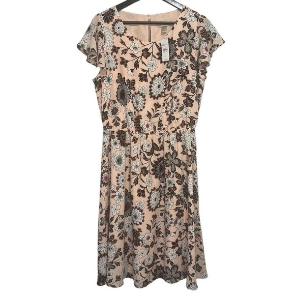 LOFT Floral Dress Womens Large Flutter Sleeve Blush Pink Romantic Feminine - Picture 1 of 5